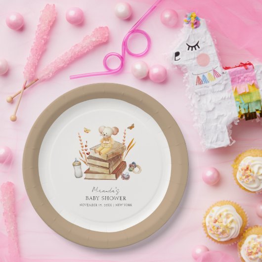 Neutrale Boho Book Mouse Babydusche Pappteller (Party)