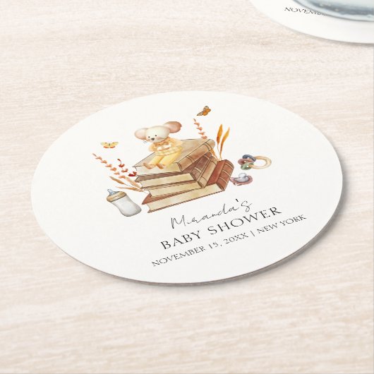 Neutrale Boho Book Mouse Babydusche Runder Pappuntersetzer (Angewinkelt)