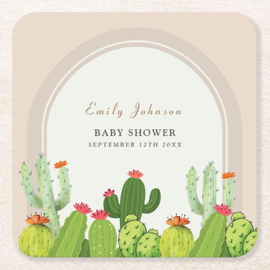 Neutrale Boho Cactus Arch Baby Shower Rechteckiger Pappuntersetzer (Vorderseite)