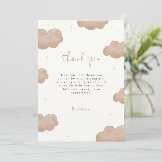 Neutrale Boho Clouds Stars Babydusche Dankeskarte (Stehend Vorderseite)
