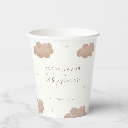 Neutrale Boho Clouds Stars Babydusche Pappbecher (Vorderseite)