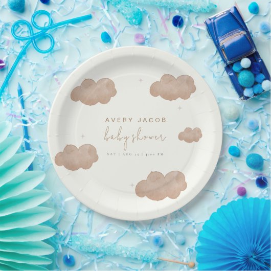 Neutrale Boho Clouds Stars Babydusche Pappteller (Party)