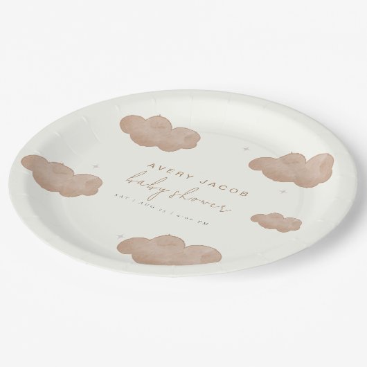 Neutrale Boho Clouds Stars Babydusche Pappteller (Schrägansicht)