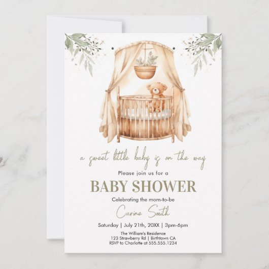 Neutrale Boho Greenery Baby Shower Einladung (Vorderseite)