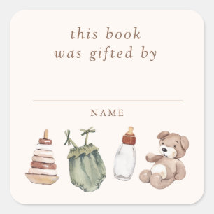Neutrale Boho-Kinderzimmer-Baby-Shower-Buch-Gesche Quadratischer Aufkleber