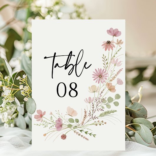 Neutrale Boho Wildblumen Blumenhochzeit Tischnummer
