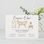Neutrale Bonjour Bebe Baby Dusche Einladung (Stehend Vorderseite)