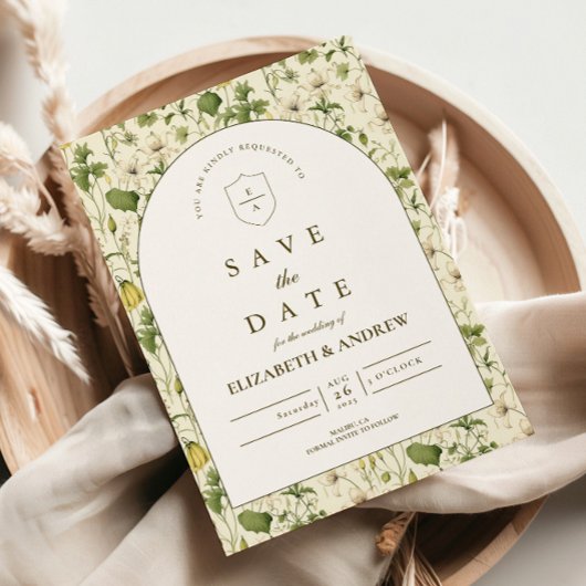 Neutrale botanische Gartenhochzeit mit Torbogen Save The Date
