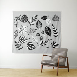 Neutrale botanische Schwarz-Weiß-Blätter - Grau Wandteppich