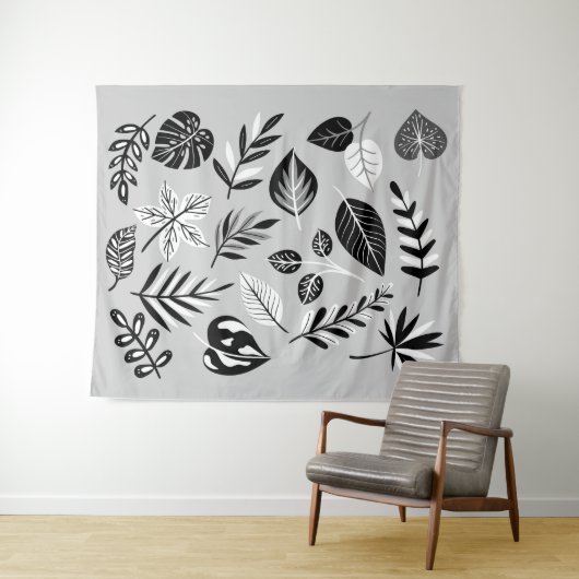 Neutrale botanische Schwarz-Weiß-Blätter - Grau Wandteppich (Beispiel (Horizontal))