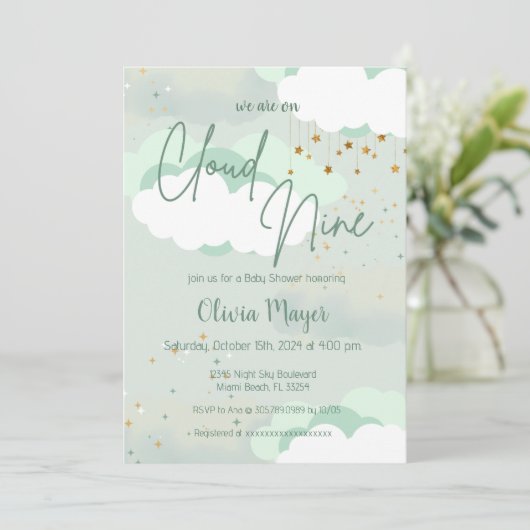 Neutrale Cloud Nine Sage Green Baby Shower Einladung (Stehend Vorderseite)