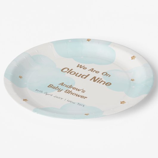 Neutrale Cloud Nine Stars Babydusche Pappteller (Schrägansicht)