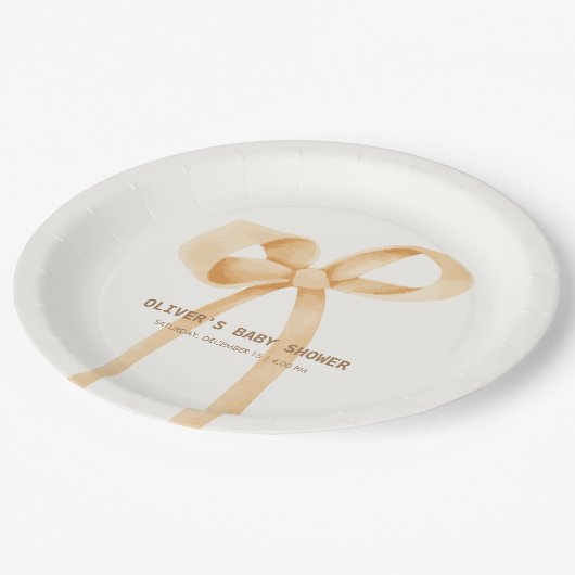 Neutrale, einfache Bow-Babydusche Pappteller (Schrägansicht)