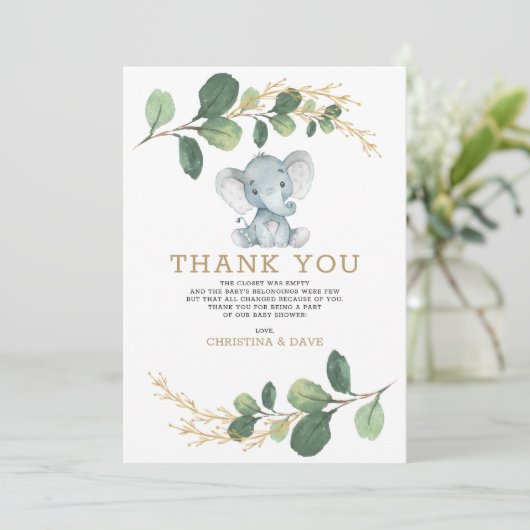Neutrale Elefant Botanische Kinderdusche Dankeskarte (Stehend Vorderseite)
