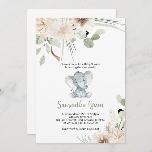 Neutrale Elefantendusche Einladung (Vorne/Hinten)