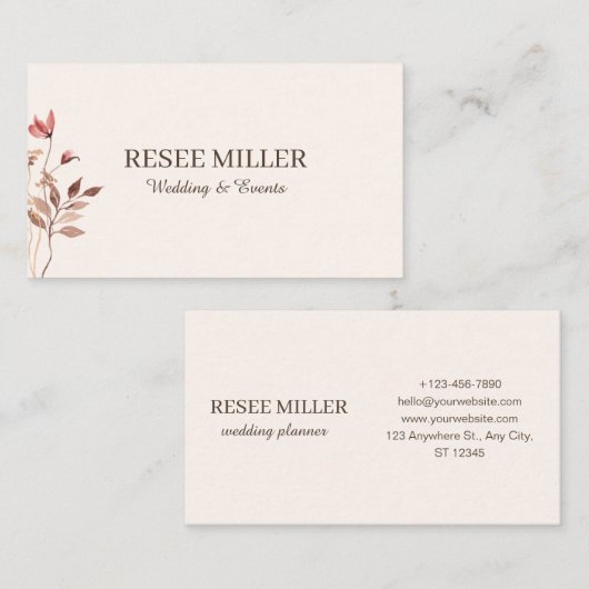 Neutrale Elegant Einfache Blume Hochzeit Visitenkarte (Vorne/Hinten)