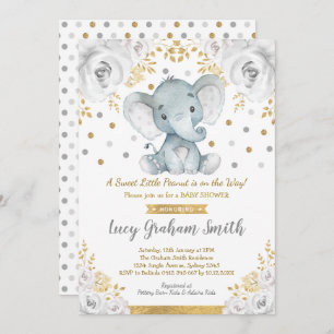 Neutrale Elephant Baby Dusche Gold Gray Floral Einladung