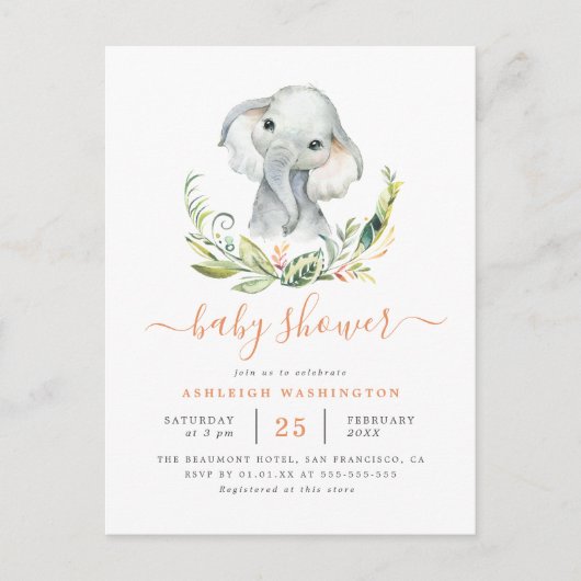 Neutrale Elephant-Babydusche für niedliche Geschle Einladungspostkarte (Vorderseite)