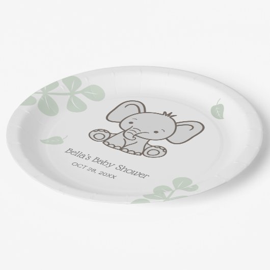 Neutrale Elephant-Babydusche Pappteller (Schrägansicht)