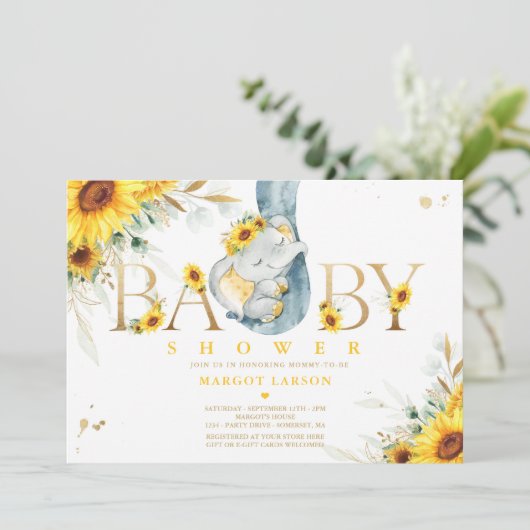 Neutrale Elephant-Sonnenblumendusche Einladung (Stehend Vorderseite)