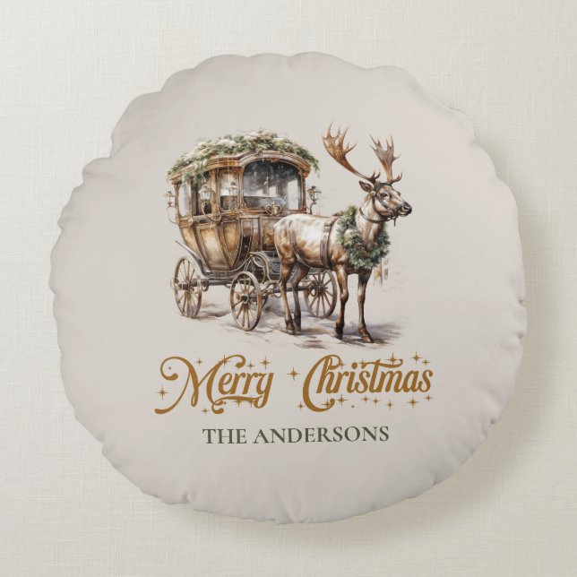 Neutrale Erdtönen, grün und goldfarbener Rentier Rundes Kissen (Vorderseite)