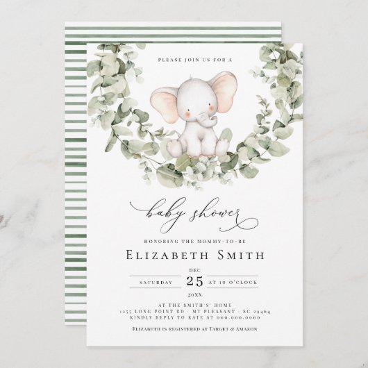 Neutrale Eukalyptus-Elephant-Babydusche Einladung (Vorne/Hinten)
