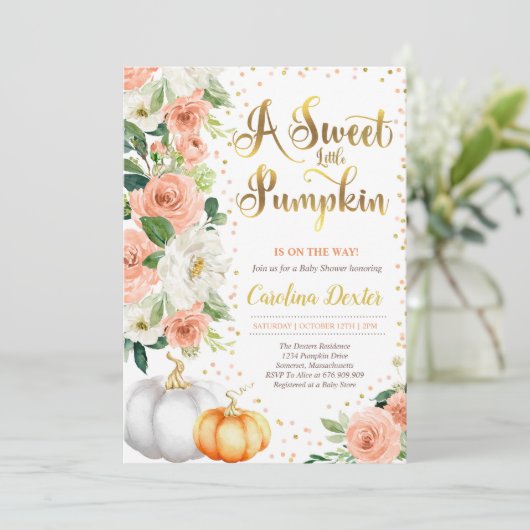 Neutrale Floral Pumpkin Fall Baby Dusche Einladung (Stehend Vorderseite)