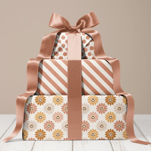 Neutrale Gänseblümchen-Blumenstreifen-Punkte Geschenkpapier Set
