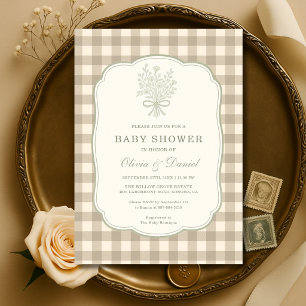 Neutrale Gingham-Blumen-Schleifen-Paar-Baby-Party Einladung