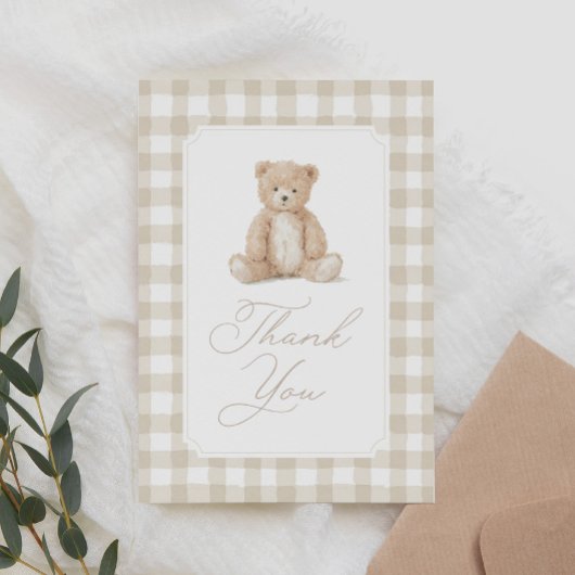 Neutrale Gingham-Teddy-Bär-Baby-Party Dankeskarte