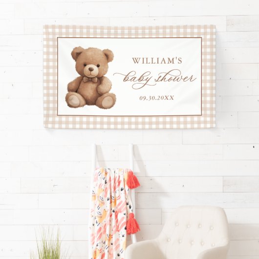 Neutrale Gingham Teddy Bear Baby Shower Banner (Insitu)
