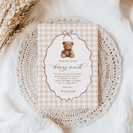 Neutrale Gingham Teddy Bear Baby Shower Dankeskarte