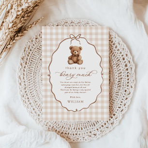 Neutrale Gingham Teddy Bear Baby Shower Dankeskarte