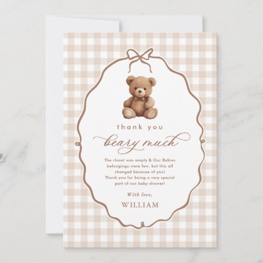 Neutrale Gingham Teddy Bear Baby Shower Dankeskarte (Vorderseite)