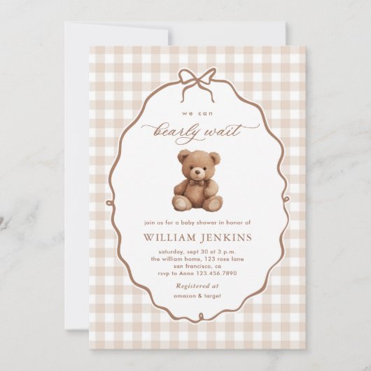 Neutrale Gingham Teddy Bear Baby Shower Einladung (Vorderseite)