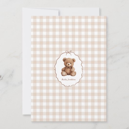 Neutrale Gingham Teddy Bear Baby Shower Einladung (Rückseite)