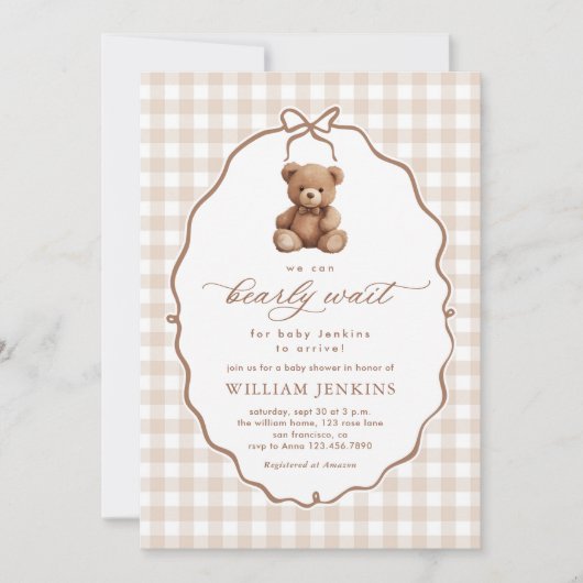 Neutrale Gingham Teddy Bear Baby Shower Einladung (Vorderseite)