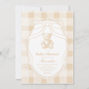 Neutrale Gingham Teddy Bear Baby Shower Einladung