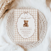 Neutrale Gingham Teddy Bear Baby Shower Einladung