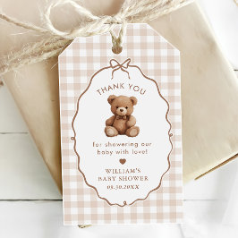 Neutrale Gingham Teddy Bear Baby Shower Geschenkanhänger