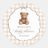 Neutrale Gingham Teddy Bear Baby Shower Runder Aufkleber (Vorderseite)