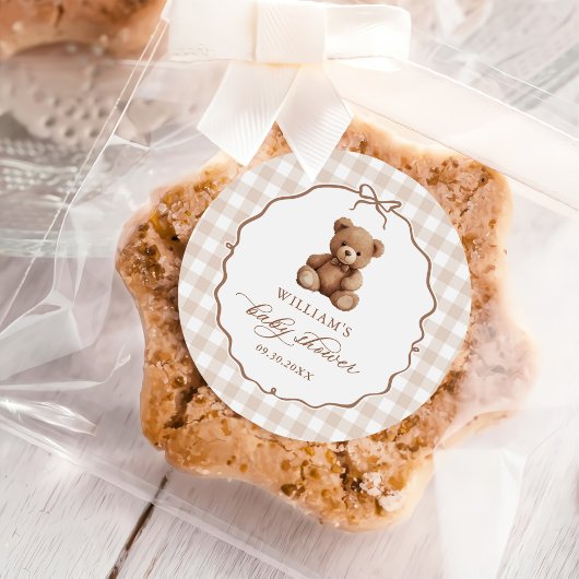 Neutrale Gingham Teddy Bear Baby Shower Runder Aufkleber