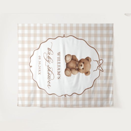 Neutrale Gingham Teddy Bear Baby Shower Wandteppich (Vorderseite (Horizontal))