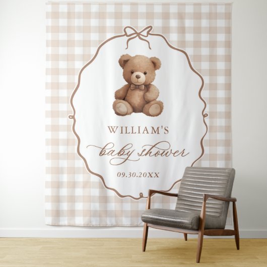 Neutrale Gingham Teddy Bear Baby Shower Wandteppich (Beispiel)