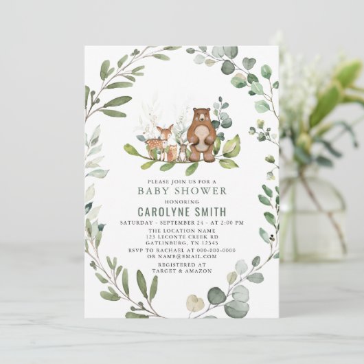 Neutrale Grünpflanze Woodland Babydusche Einladung (Stehend Vorderseite)