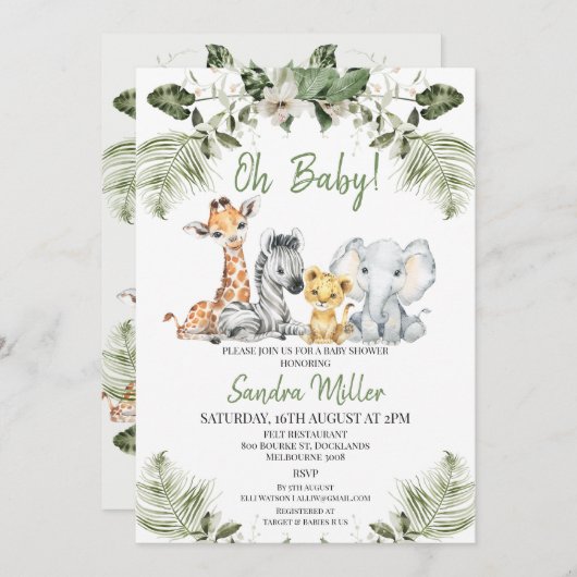 Neutrale Grünpflanzen Safari Baby Dusche Einladung (Vorne/Hinten)