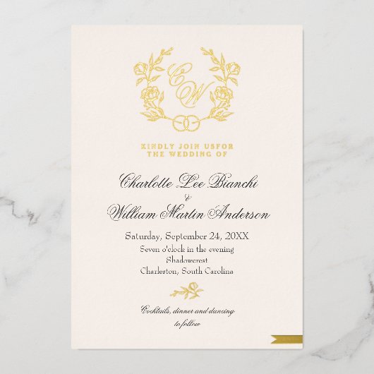 Neutrale Hochzeit Grün und Beige Folieneinladung (Vorderseite)