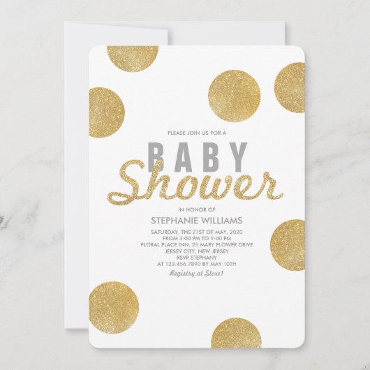 Neutrale Imitate Gold Glitzer White Baby Dusche la Einladung (Vorderseite)