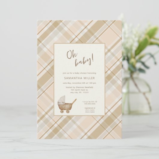 Neutrale Karierte Babywagen Einladung (Stehend Vorderseite)