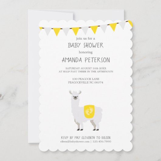 Neutrale Lama Babydusche aus Gelb und Weiß Einladung (Vorderseite)